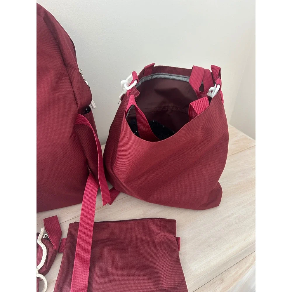 Lanshiyabag 5pc Backpack Set Maroon Burgundy School Travel Messenger Bag Pouch